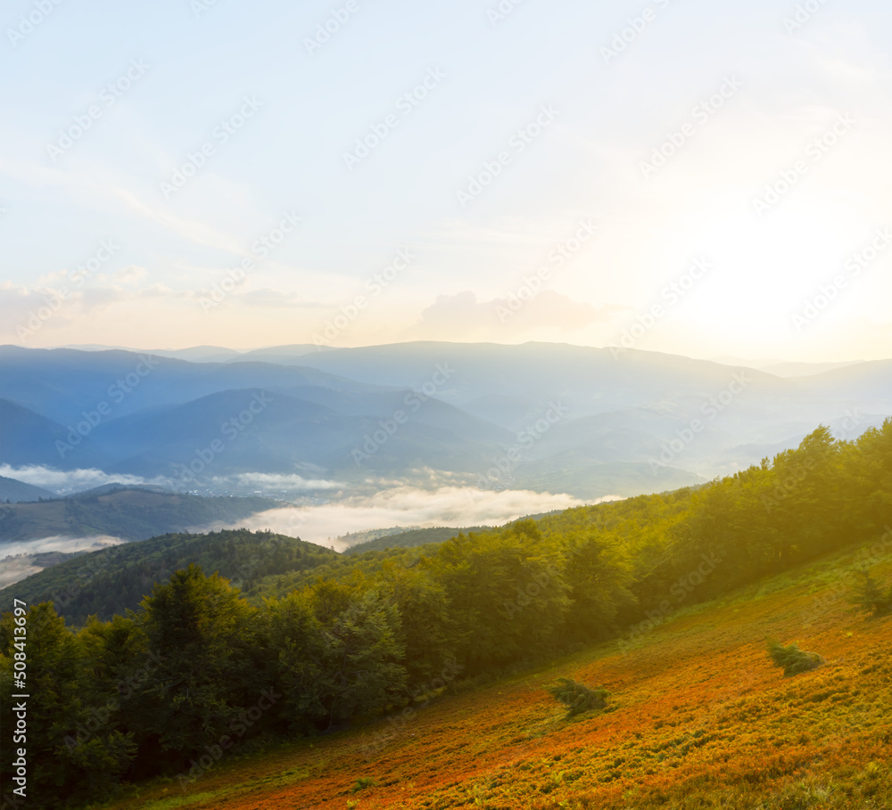 colorful  mountain valley at the sunrise, beautiful natural background