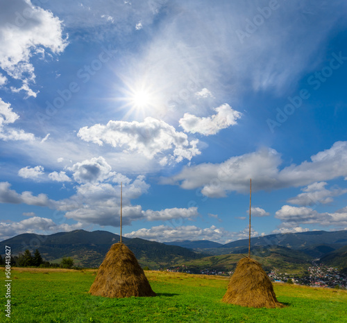 haystack on green pasture in mountain, summer rural scene