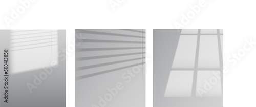 Shadows soft overlay effects transparent on empty wall and floor Set of mock-ups. Soft light shadow from window and jalousie. Window drop shadow. Scenes of natural lighting. Photorealistic reflection