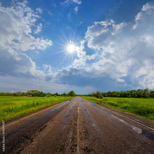 wet asphalt road after a rain among green fields under a sparkle sun
