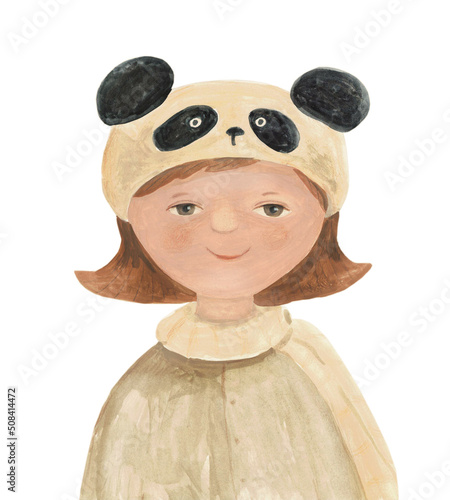 Girl in hat panda. Watercolor illustration, hand drawn © Julia Wegener