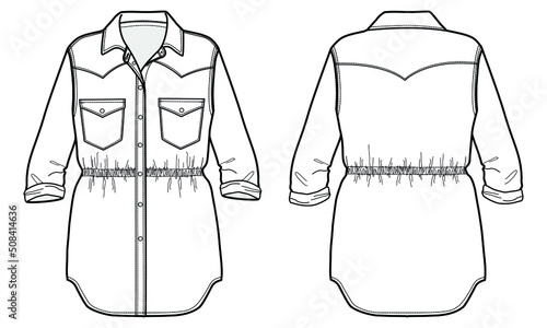 women shirt dress long sleeve button down denim shirt dress flat sketch vector illustration, front and back view apparel template