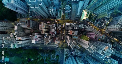 Hong Kong skyline Aerial, Drone. Hong Kong cityscape skyline.  Modern city urban architecture cityscape panorama.  Beautiful aerial shot of many high skyscrapers and Victoria Harbor.