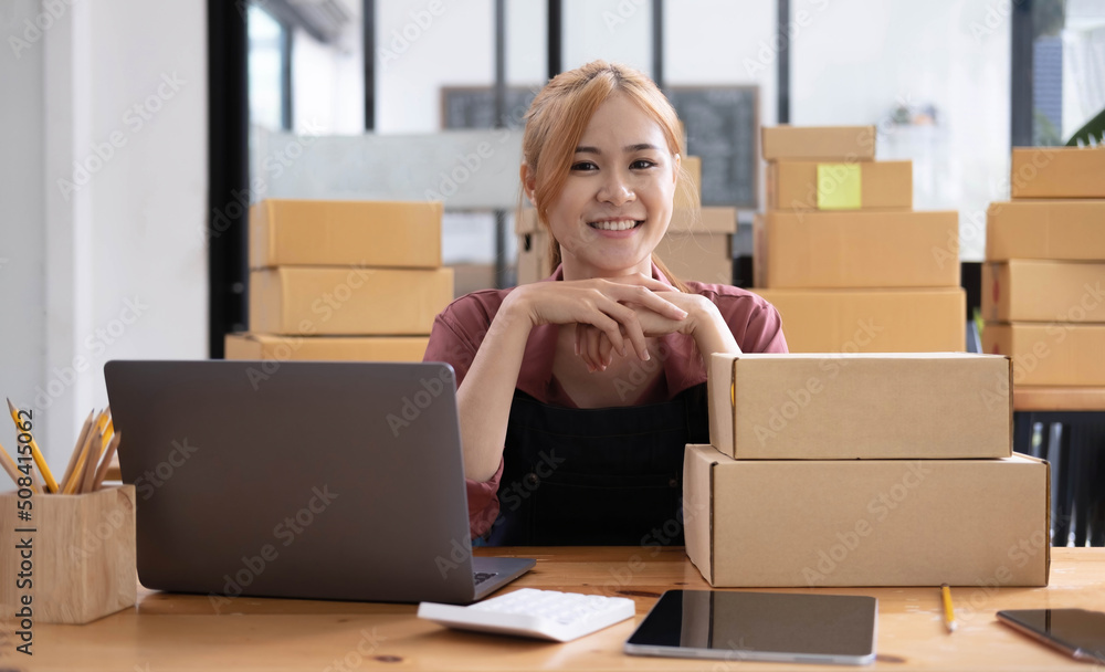 Female startup small business owner standing with smiles at camera. Online selling. E-commerce. Female startup small business owner standing with smiles at camera. Online selling. E-commerce.