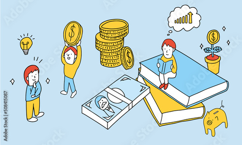 Vector illustration of People learning finance.
お金・資産運用について学ぶ人々（＄）