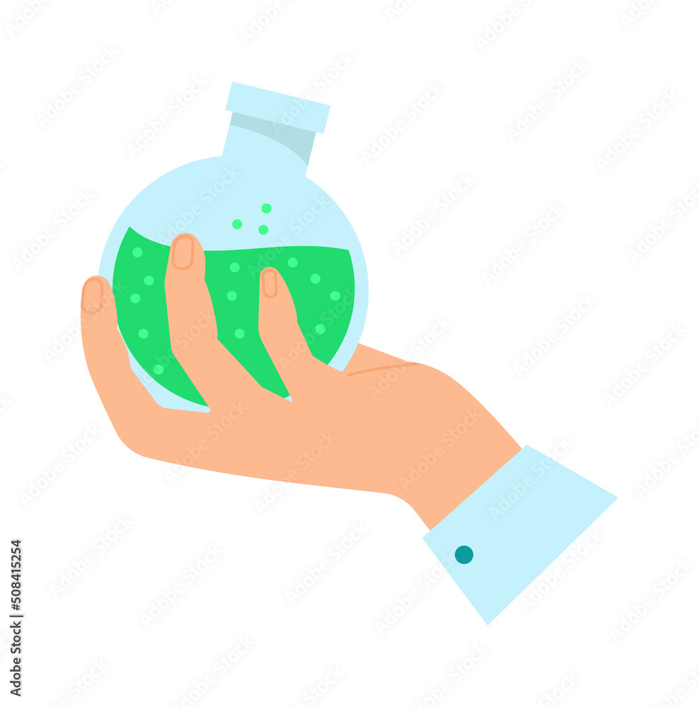 Hand holding laboratory flask Chemistry icon. Vector illustration Hand holding laboratory flask Chemistry icon. Vector illustration