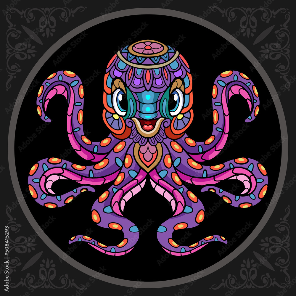 Colorful kraken octopus cartoon zentangle arts. isolated on black background. 