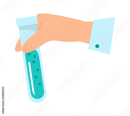 Hand holding laboratory flask Chemistry icon. Vector illustration