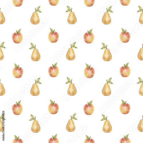 Watercolor seamless pattern with vintage yellow pear and red apple. Isolated on white background.
