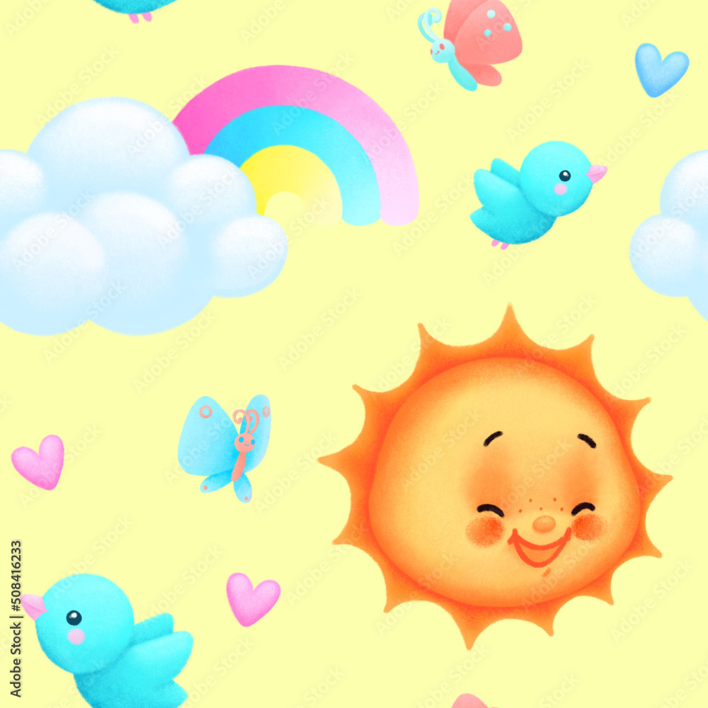 A funny cheerful mood pattern of sky with happy suns, birds, clouds, rainbows, butterflies and hearts. Digital drawing, illustration.
