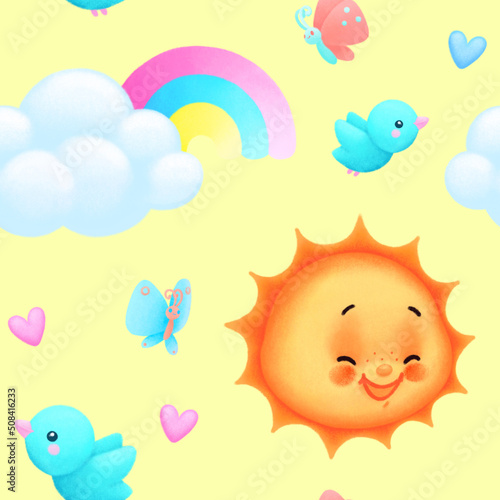 A funny cheerful mood pattern of sky with happy suns, birds, clouds, rainbows, butterflies and hearts. Digital drawing, illustration.
