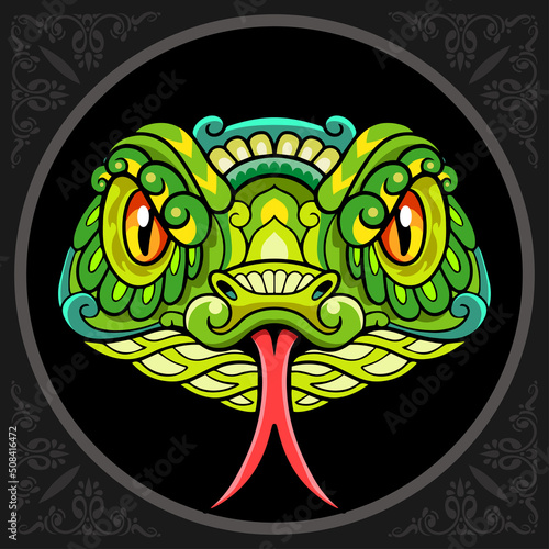 Colorful snake head zentangle arts. isolated on black background.