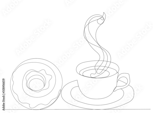 donut and coffee one continuous line drawing, sketch, isolated, vector