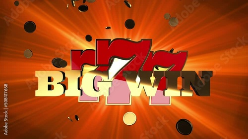 Big win 3D animation of Jackpot slots machine win, with flying golden coins and red shiny background. 777 jackpot symbol on slots. Animation for banners.
