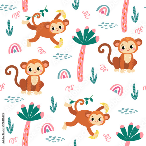 seamless pattern with monkey and plants in a childish cartoon style. vector illustration. for children's textiles and decoration