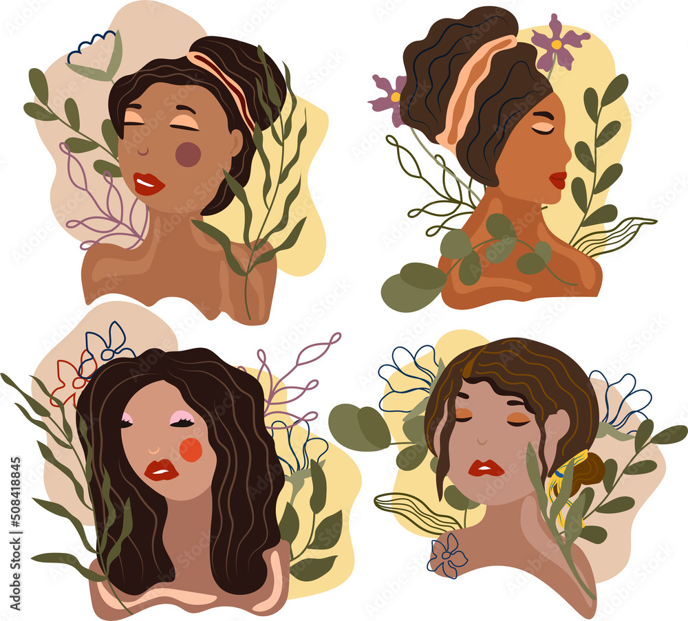 Beautiful womens with different hair style. Collection trending poster with flowers, leaves, different women. Abstract women in pastel colors. Vector illustration.