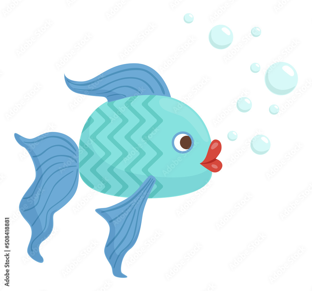 Fototapeta premium Blue fish with bubbles. Funny underwater character
