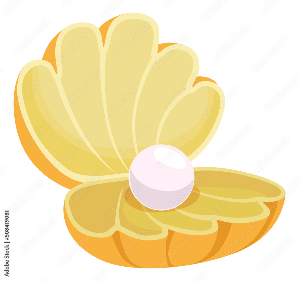 Pearl in open clam shell. Cartoon gem icon