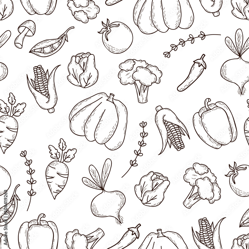 Seamless pattern with vegetables. Linear hand doodles of healthy, vegan food, vegetables, fruit, root and plant spices on white background. Vector illustration for design, decor, wallpaper, packaging Seamless pattern with vegetables. Linear hand doodles of healthy, vegan food, vegetables, fruit, root and plant spices on white background. Vector illustration for design, decor, wallpaper, packaging