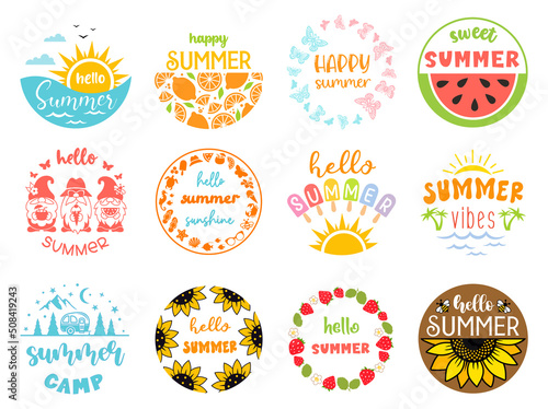 Summer round sign with quotes Hello summer. Set of summer symbols or emblem designs. Holiday illustration for badges and cards.