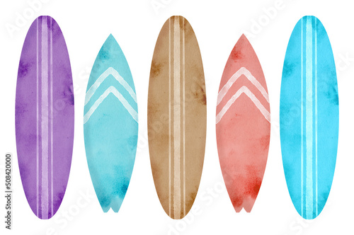 Watercolor surfboards illustration. Hand drawn summer sport set isolated on white background. Sea wave extreme surf board. Beach design, vintage holiday vacation print. Hello summer. © Olya Haifisch