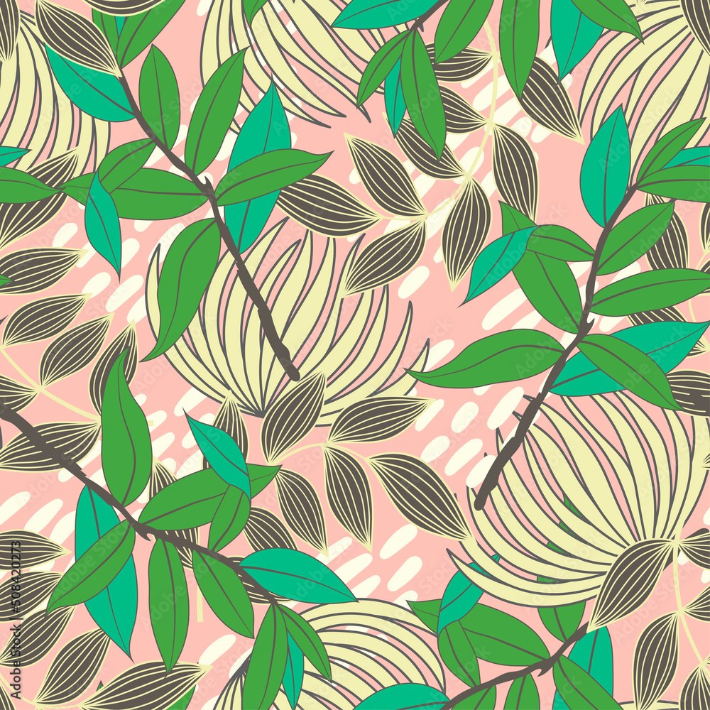 Fototapeta premium Original seamless tropical pattern with bright plants and leaves on a pink background. Beautiful print with hand drawn exotic plants. Seamless exotic pattern with tropical plants.
