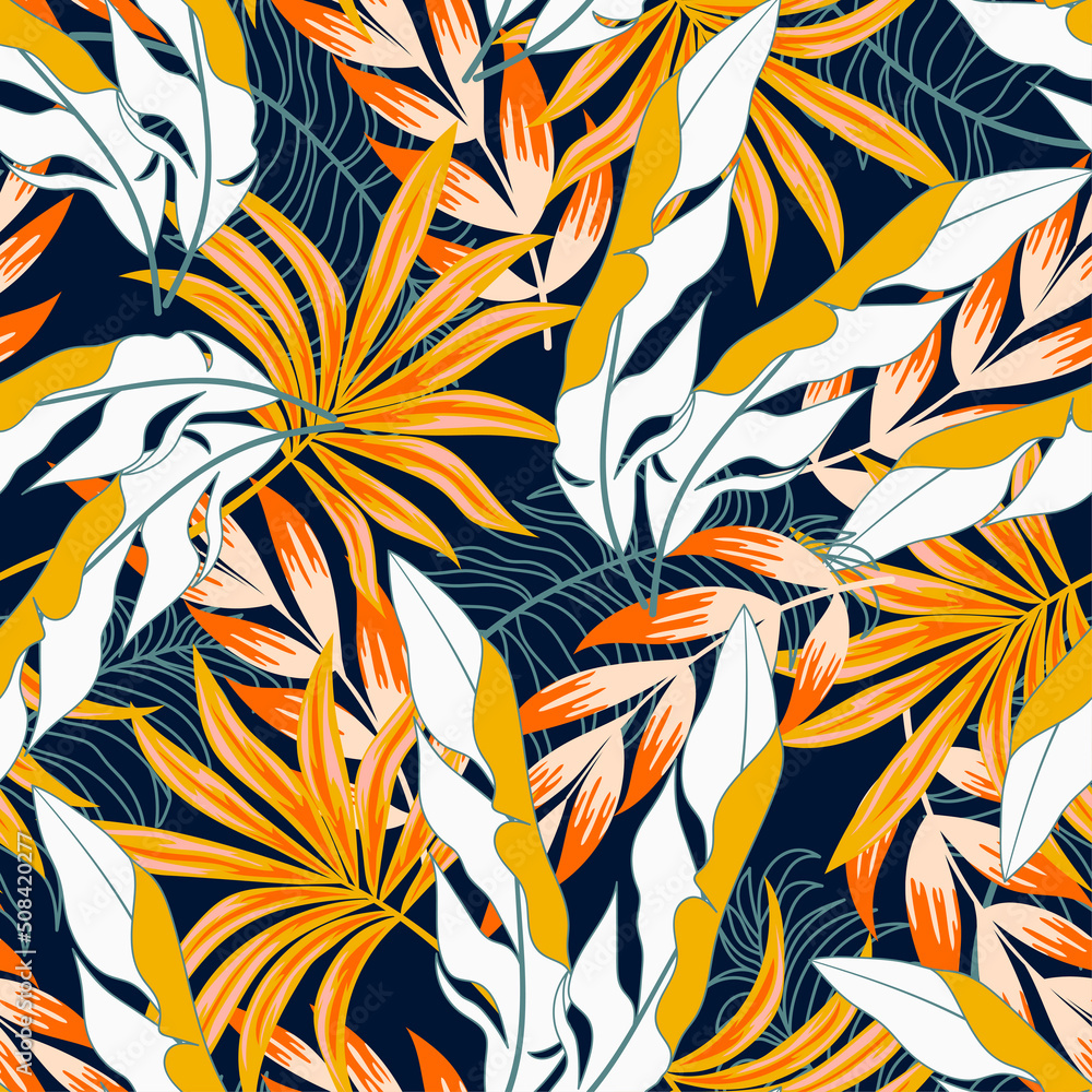 Fashionable seamless tropical pattern with bright plants and leaves on a dark blue background. Beautiful print with hand drawn exotic plants. Seamless pattern with colorful leaves and plants. Fashionable seamless tropical pattern with bright plants and leaves on a dark blue background. Beautiful print with hand drawn exotic plants. Seamless pattern with colorful leaves and plants.