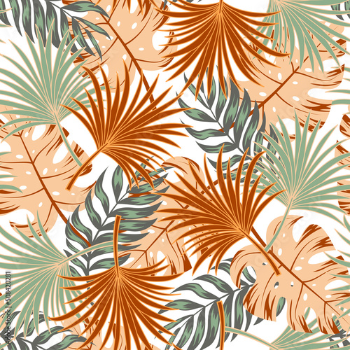 Abstract seamless tropical pattern with bright plants and leaves on a pastel background. Seamless pattern with colorful leaves and plants. Exotic jungle wallpaper.