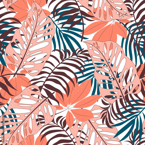 Abstract seamless tropical pattern with bright plants and leaves on a white background. Vector design. Jungle print. Floral background. Trendy summer Hawaii print. © EltaMax99