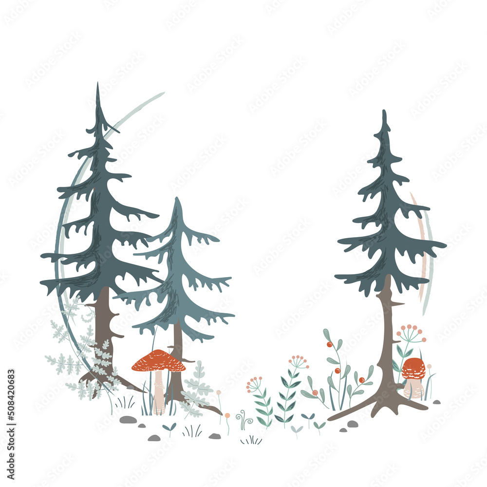 Forest wreath frame. Design for cards, forest card invitation, prints. Wreath of fir trees, herbs, and mushrooms set. Banner decor design vector illustration Forest wreath frame. Design for cards, forest card invitation, prints. Wreath of fir trees, herbs, and mushrooms set. Banner decor design vector illustration
