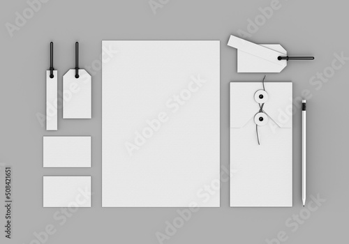 Base white stationery mockup template for branding identity on a gray background for graphic designers presentations and portfolios. 3D rendering.