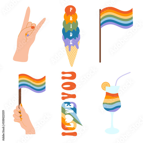 Vector collection of LGBTQ community symbols retro pride vibes with rainbow Pride month hand drawn concept Vector illustration