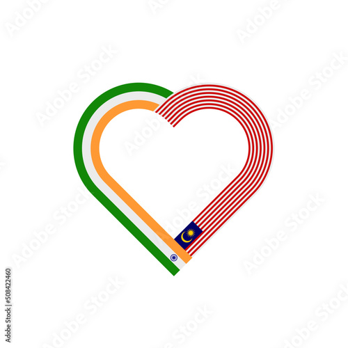 unity concept. heart ribbon icon of india and malaysia flags. vector illustration isolated on black background