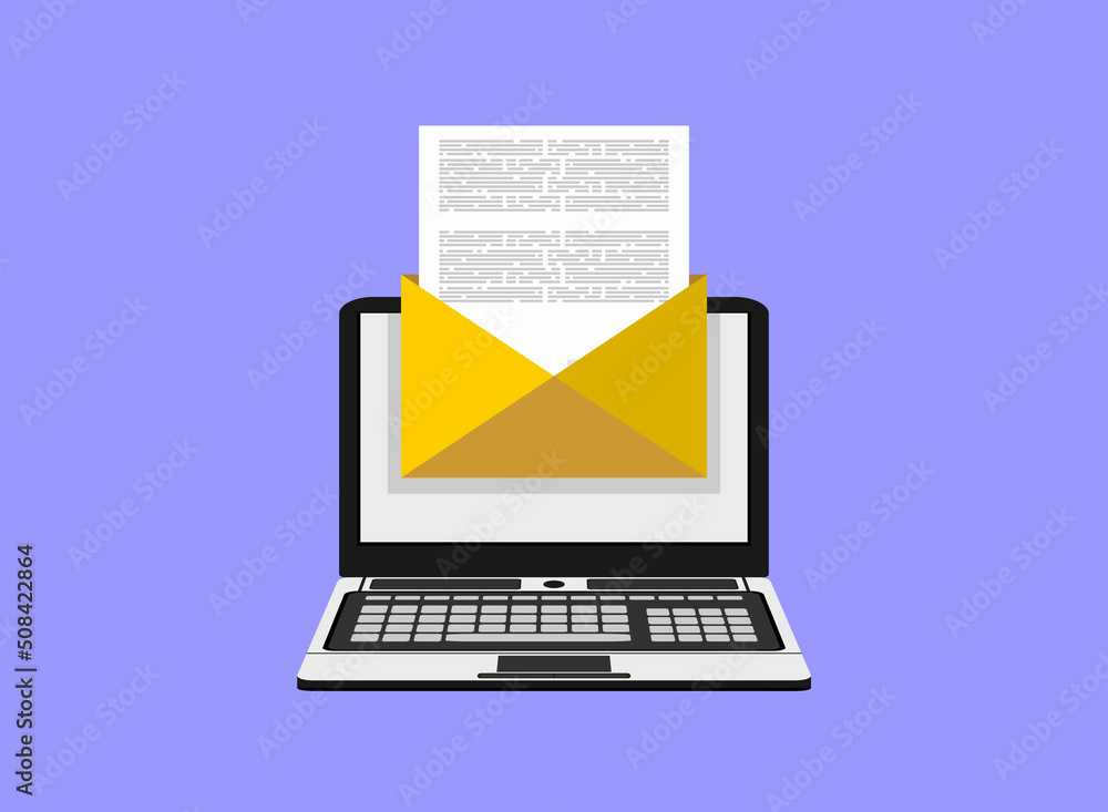 Laptop with envelope and document on screen. E-mail, email marketing, internet advertising concepts. Flat design vector illustration