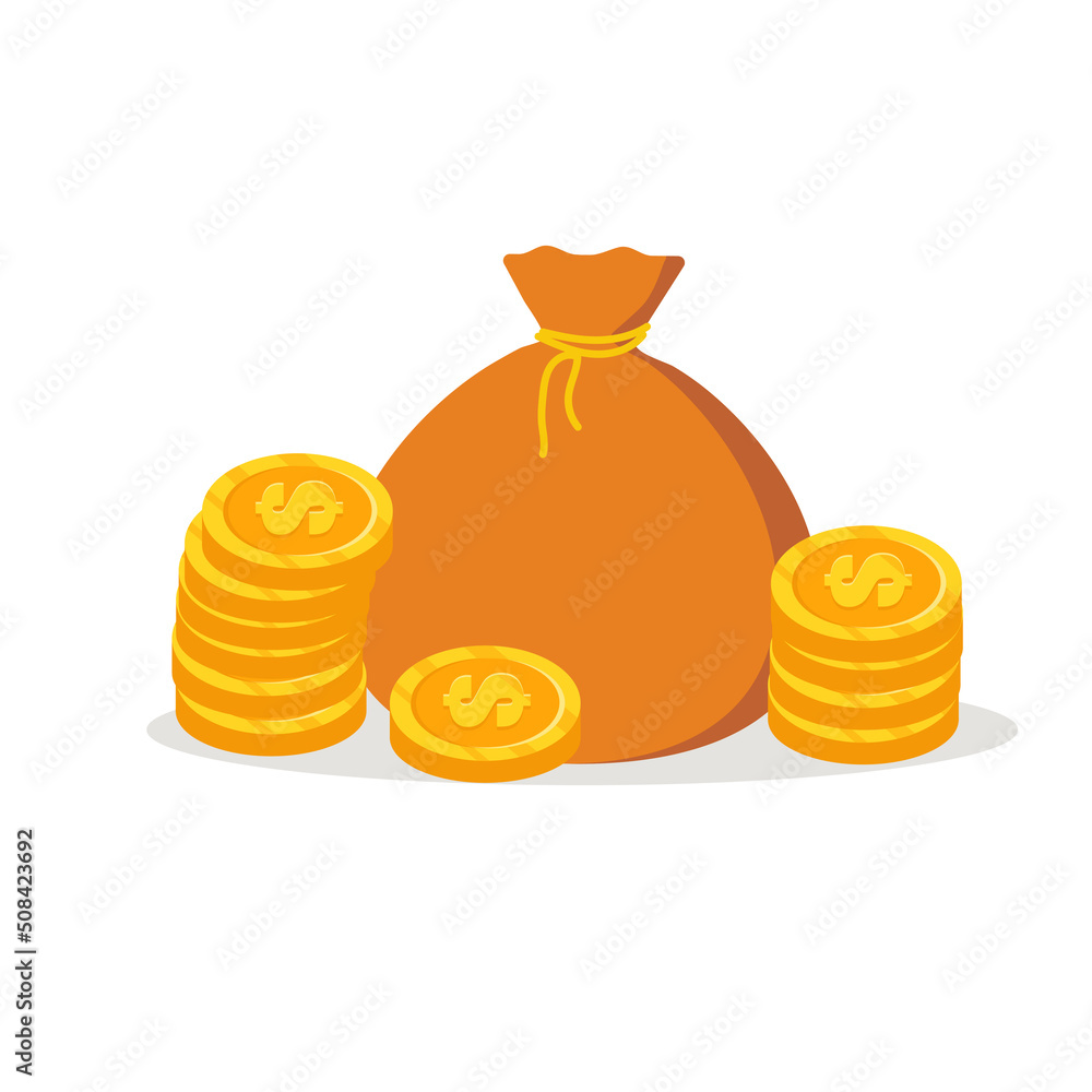 Bag of money with dollar coins. Vector image, isolated on white background Bag of money with dollar coins. Vector image, isolated on white background