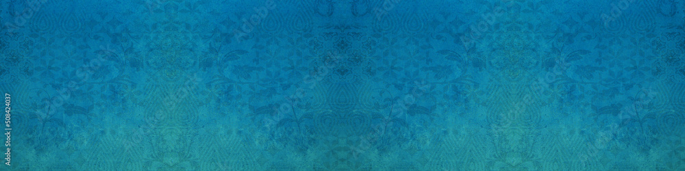 Old blue vintage shabby damask arabesque patchwork tiles stone concrete cement wall texture background banner panorama - obrazy, fototapety, plakaty 