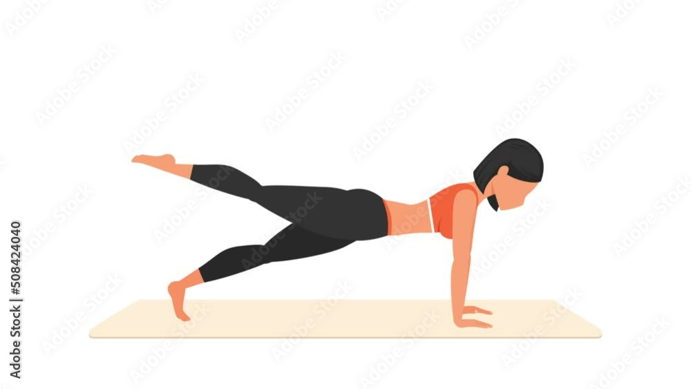 Plank leg up exercise tutorial. Female workout on mat. Fitness woman exercising. Looped 2D animation with young girl character training. Sport and healthy lifestyle concept. Plank leg up exercise tutorial. Female workout on mat. Fitness woman exercising. Looped 2D animation with young girl character training. Sport and healthy lifestyle concept.