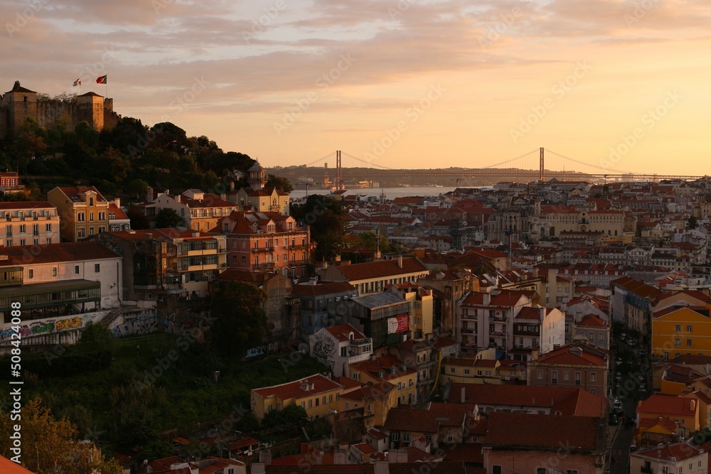 beautiful view of city of Lisbon at sunset
