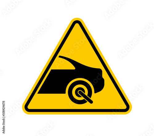 Vector yellow triangle sign - black car with enforcement wheel boot. No Parking symbol. Isolated on white background.