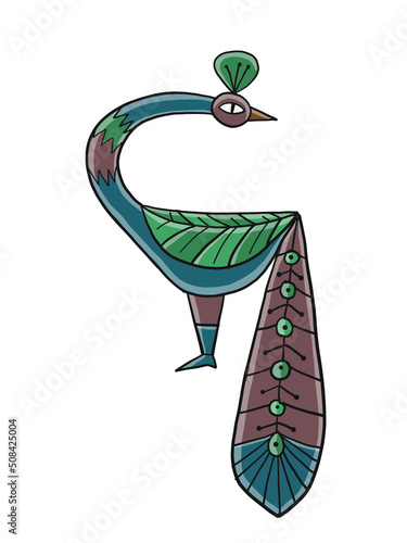 Art Peacock character isolated on white, sketch for your design