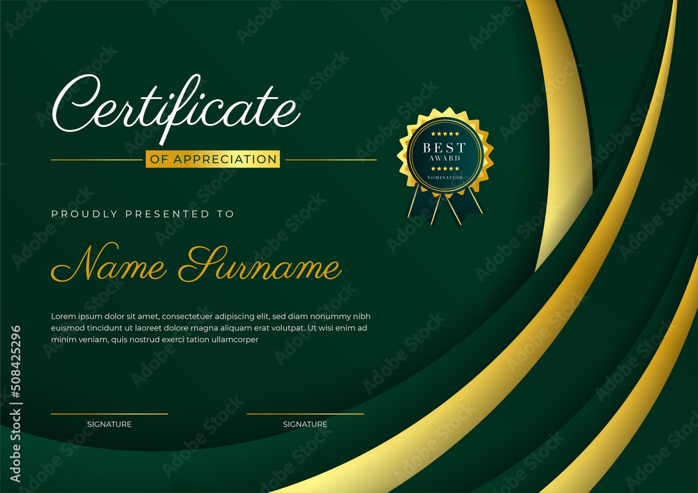 Certificate green template with modern luxury pattern and golden lines ...