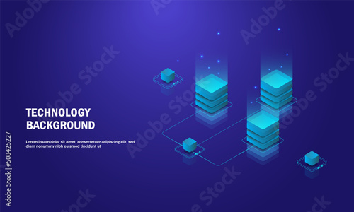 Vector realistic 3d cubes with blue glowing on dark blue background. lock chain of abstract