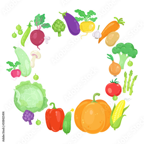 Colorful frame of fresh vegetables. In cartoon style. Place for your text. Isolated on white background. Vector flat illustration.