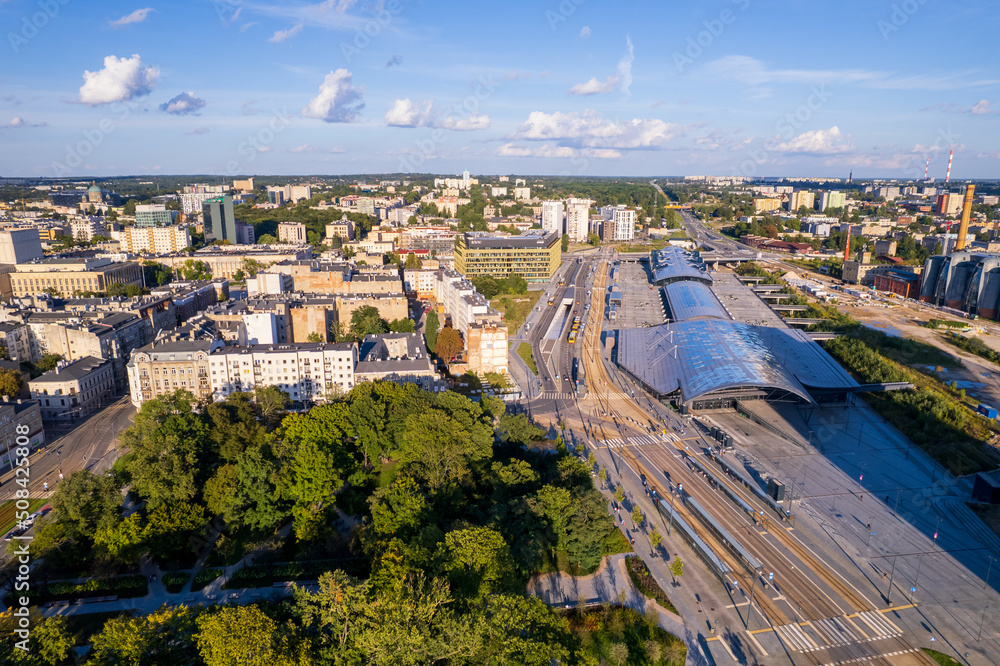 Łódź City on a sunny day. Characteristic places, buildings and streets. Piotrkowska Street from the bird's eye view.