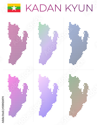 Kadan Kyun dotted map set. Map of Kadan Kyun in dotted style. Borders of the island filled with beautiful smooth gradient circles. Amazing vector illustration.