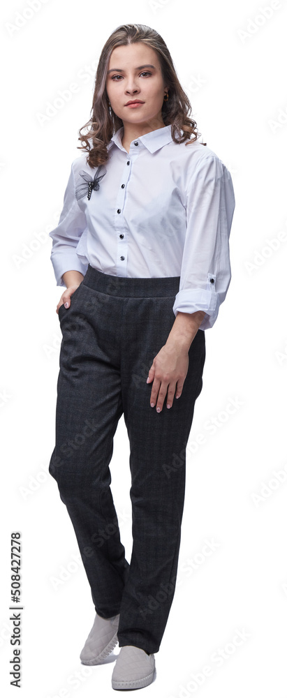 office worker young lady in full-length trousers and white blouse, isolate office worker young lady in full-length trousers and white blouse, isolate