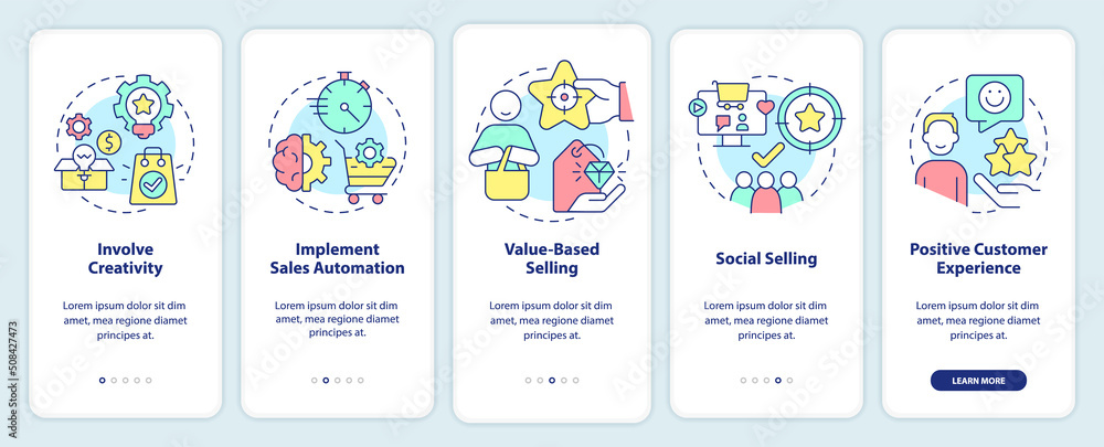 Selling tendencies onboarding mobile app screen. Sales innovations walkthrough 5 steps editable graphic instructions with linear concepts. UI, UX, GUI template. Myriad Pro-Bold, Regular fonts used