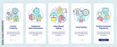 Selling tendencies onboarding mobile app screen. Sales innovations walkthrough 5 steps editable graphic instructions with linear concepts. UI, UX, GUI template. Myriad Pro-Bold, Regular fonts used