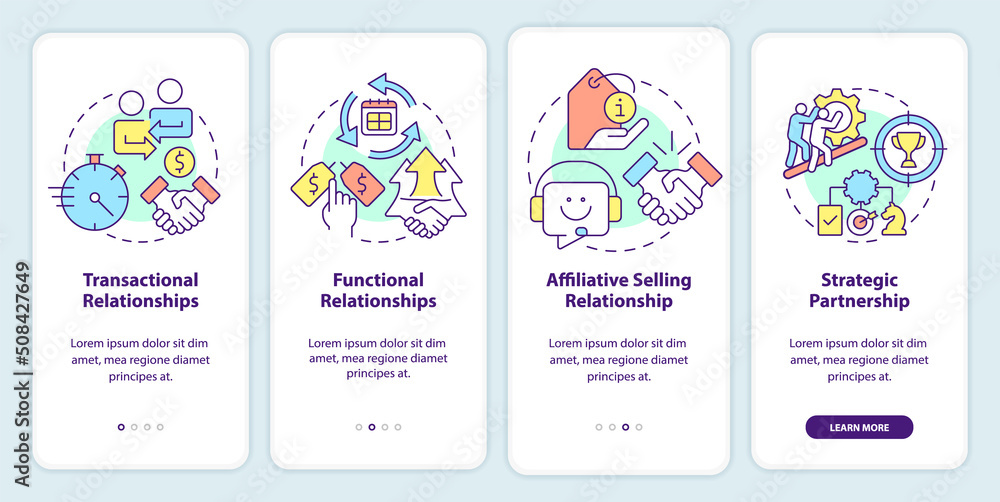 Types of sales relationships onboarding mobile app screen. Service walkthrough 4 steps editable graphic instructions with linear concepts. UI, UX, GUI template. Myriad Pro-Bold, Regular fonts used
