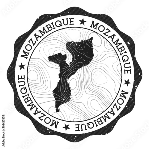 Mozambique outdoor stamp. Round sticker with a map of the country featuring topographic isolines. Vector illustration. Can be used as an insignia, logotype, label, sticker, or badge of Mozambique.